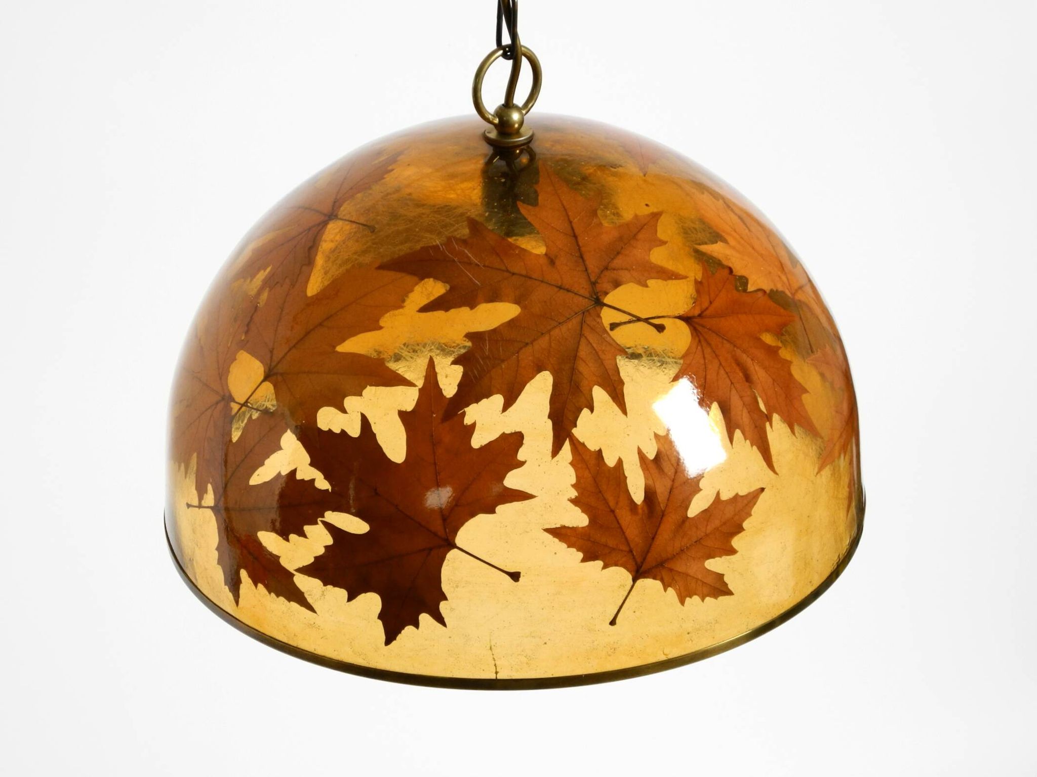 Rare, large 1970s Italian resin pendant lamp with embedded maple leaves