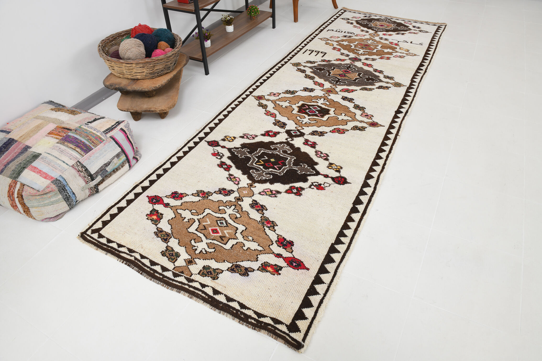 Wide brown beige turkish runner rug