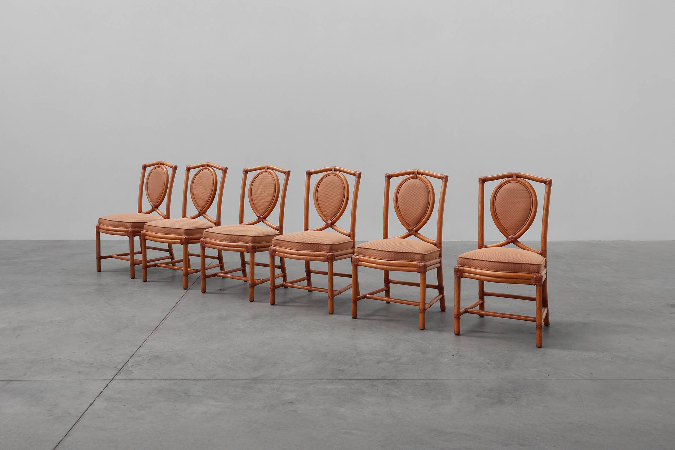 Set of 6 bamboo dining room chairs with geometric upholstery by Gasparucci