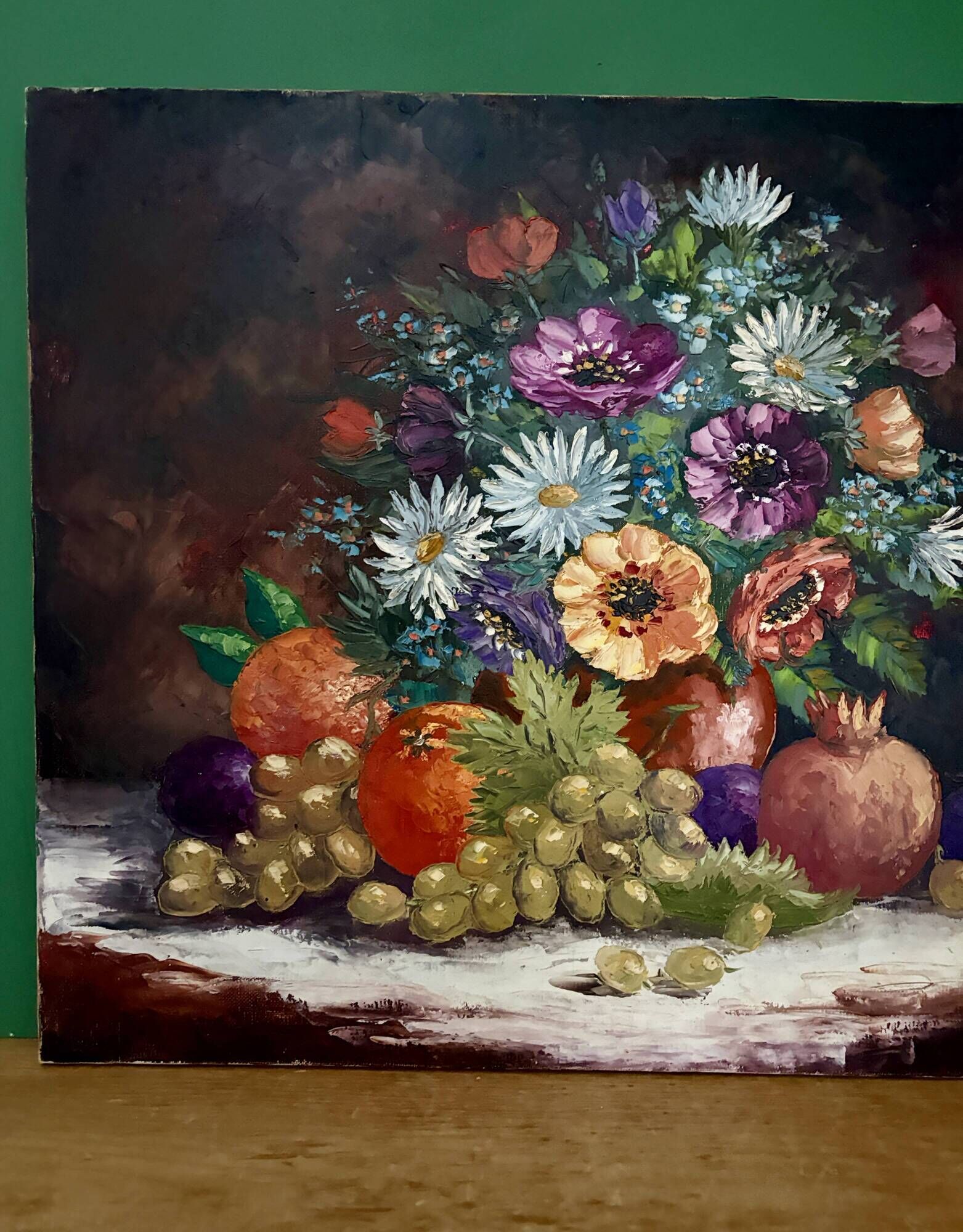 Old painting, still life of flowers and fruits.
