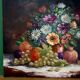 Old painting, still life of flowers and fruits.