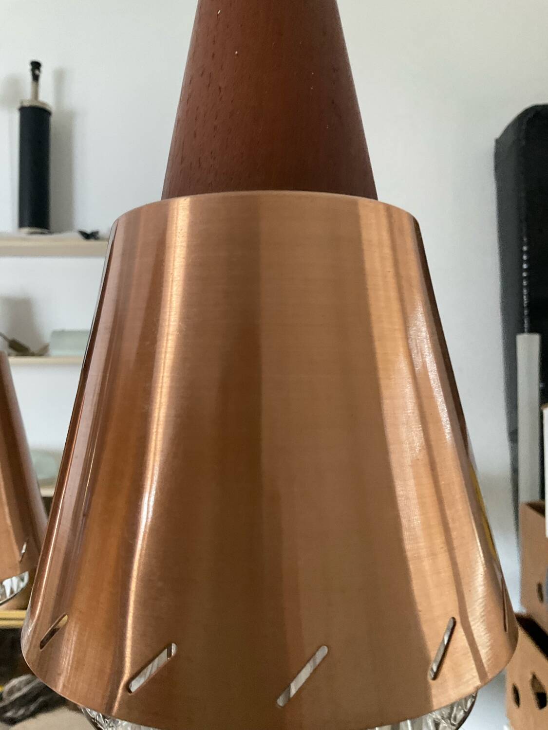 Scandinavian Boomerang chandelier from the 60s in teak, metal and glass