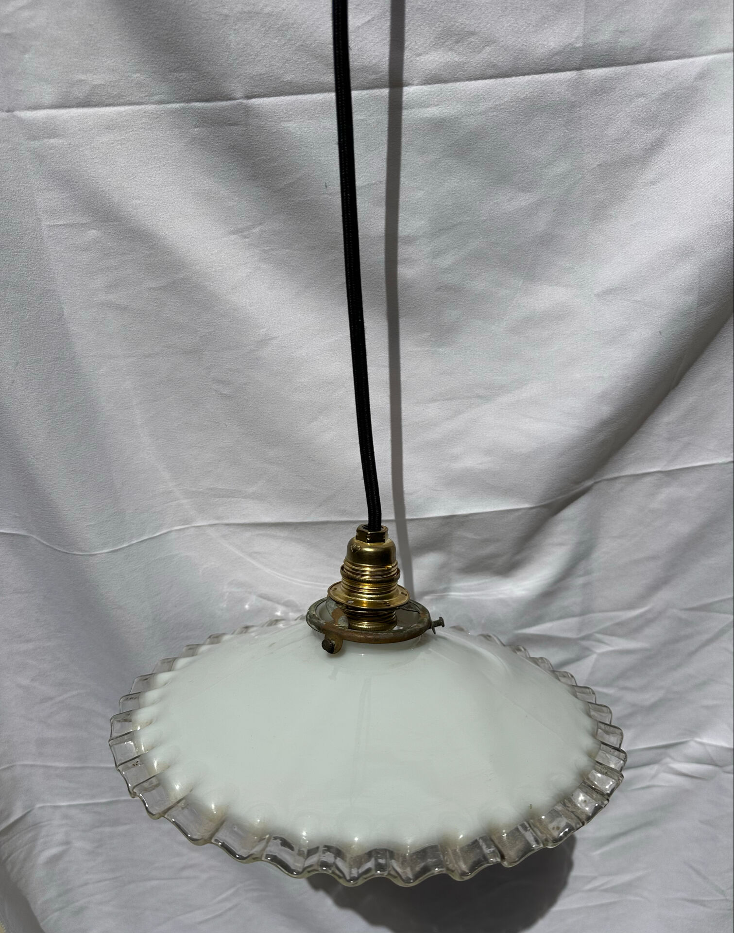 White opaline wavy suspension brass claw vintage lampshade