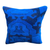 Coussin en tapis turc vintage, coussin en laine géométrique bleu électrique fait main