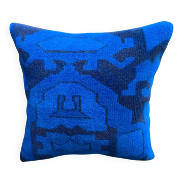 Coussin en tapis turc vintage, coussin en laine géométrique bleu électrique fait main