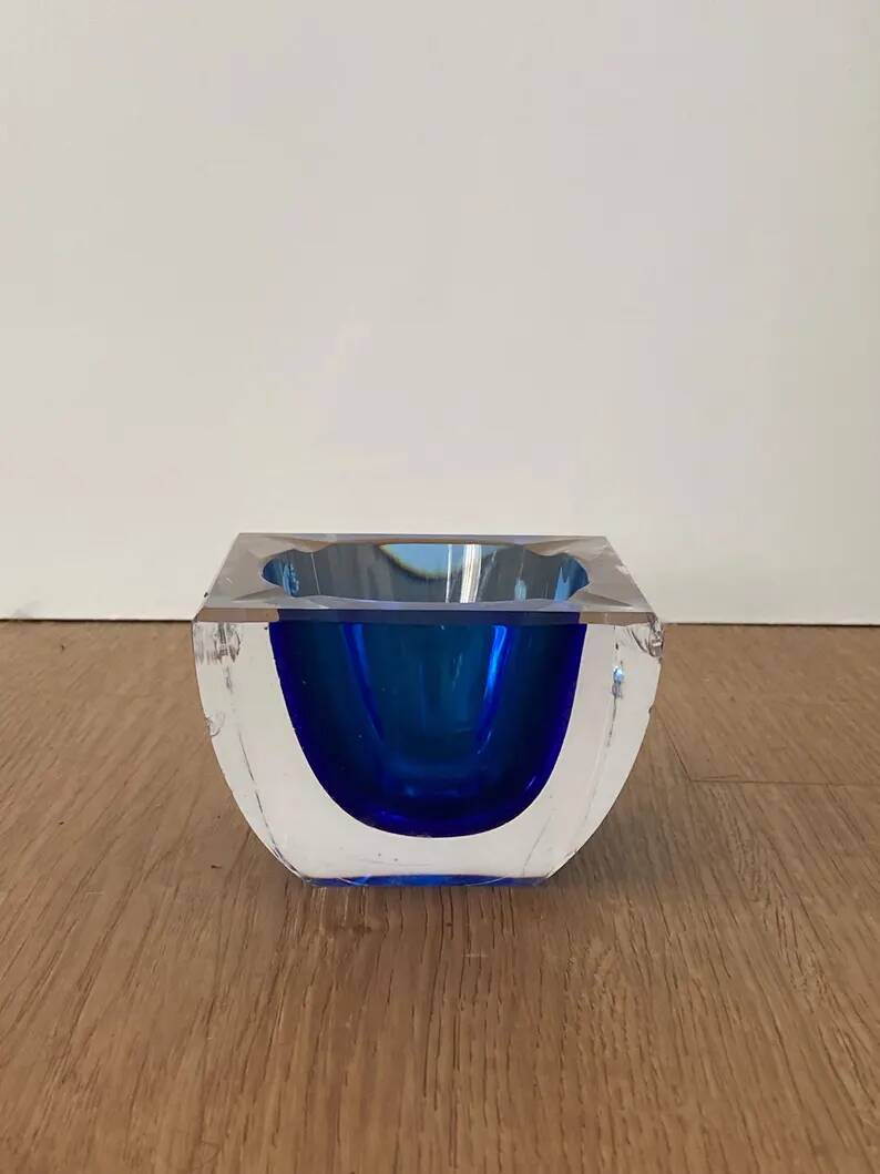 Vintage Sommerso glass ashtray in Murano style, square blue shape.