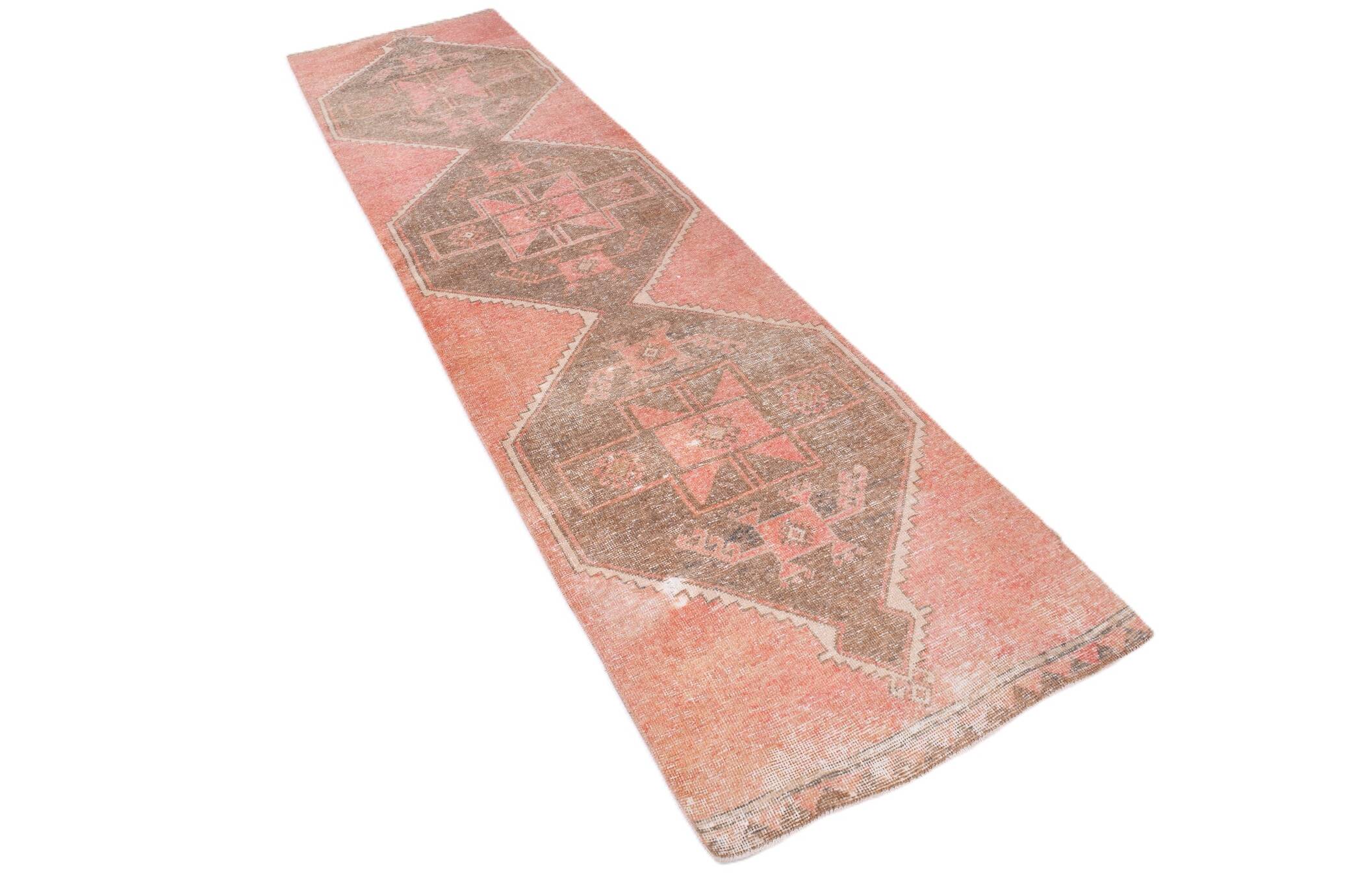 Turkish Salmon Brown Vintage Runner Rug, 91x362Cm
