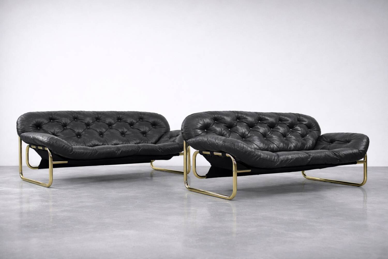 Vintage Mid-Century Scandinavian Modern Glamour Leather Black & Gold Sofa