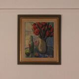 Bouquet rouge et bouteille de vin