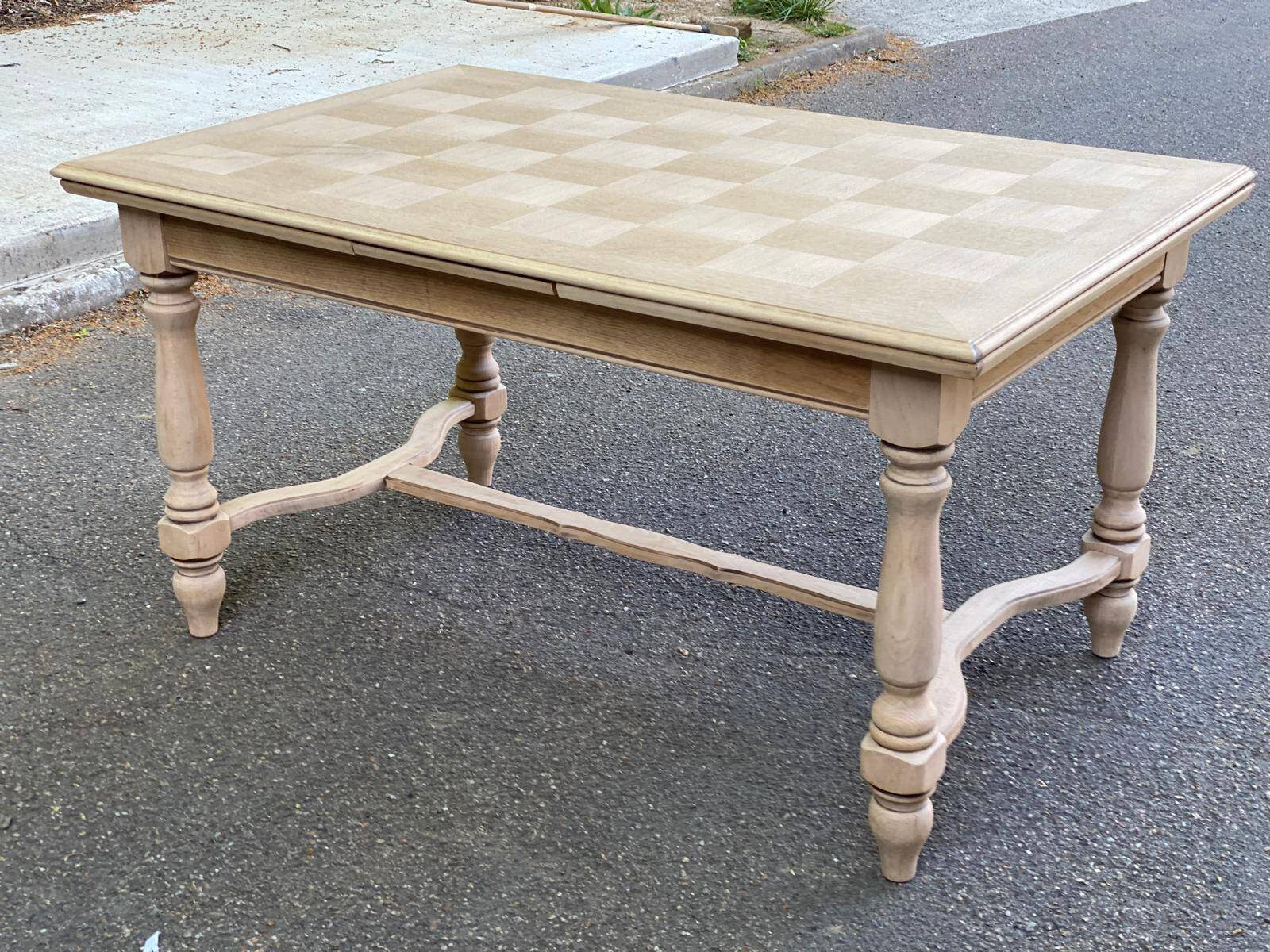 Extendable rectangular farmhouse table renovated oak and marquetry 255cm