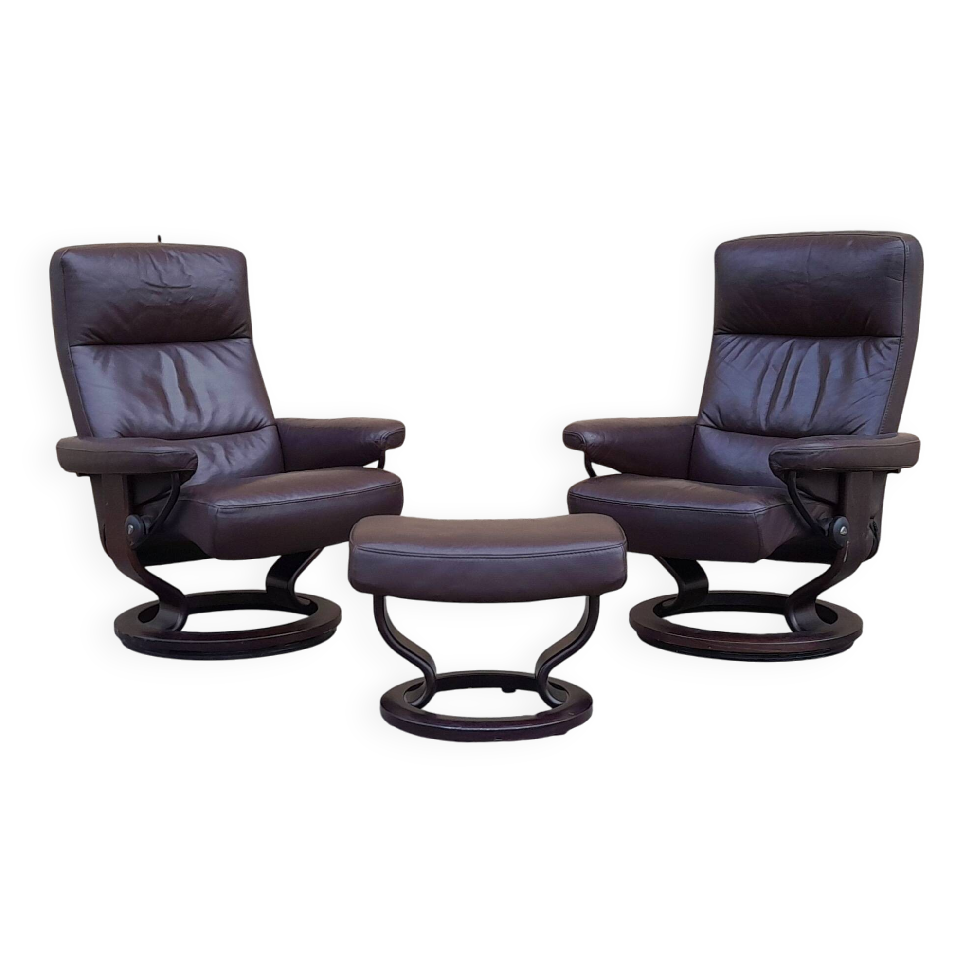 Pair of Scandinavian leather armchairs and ottoman, Ekornes, Norway, 1970s