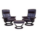 Pair of Scandinavian leather armchairs and ottoman, Ekornes, Norway, 1970s