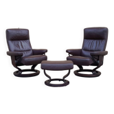 Paire de fauteuils et ottoman scandinaves en cuir, Ekornes, Norvège, 1970s