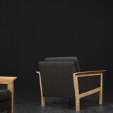 2 vintage oak and felt Danish chaise longues from the mid-century, 1960s.