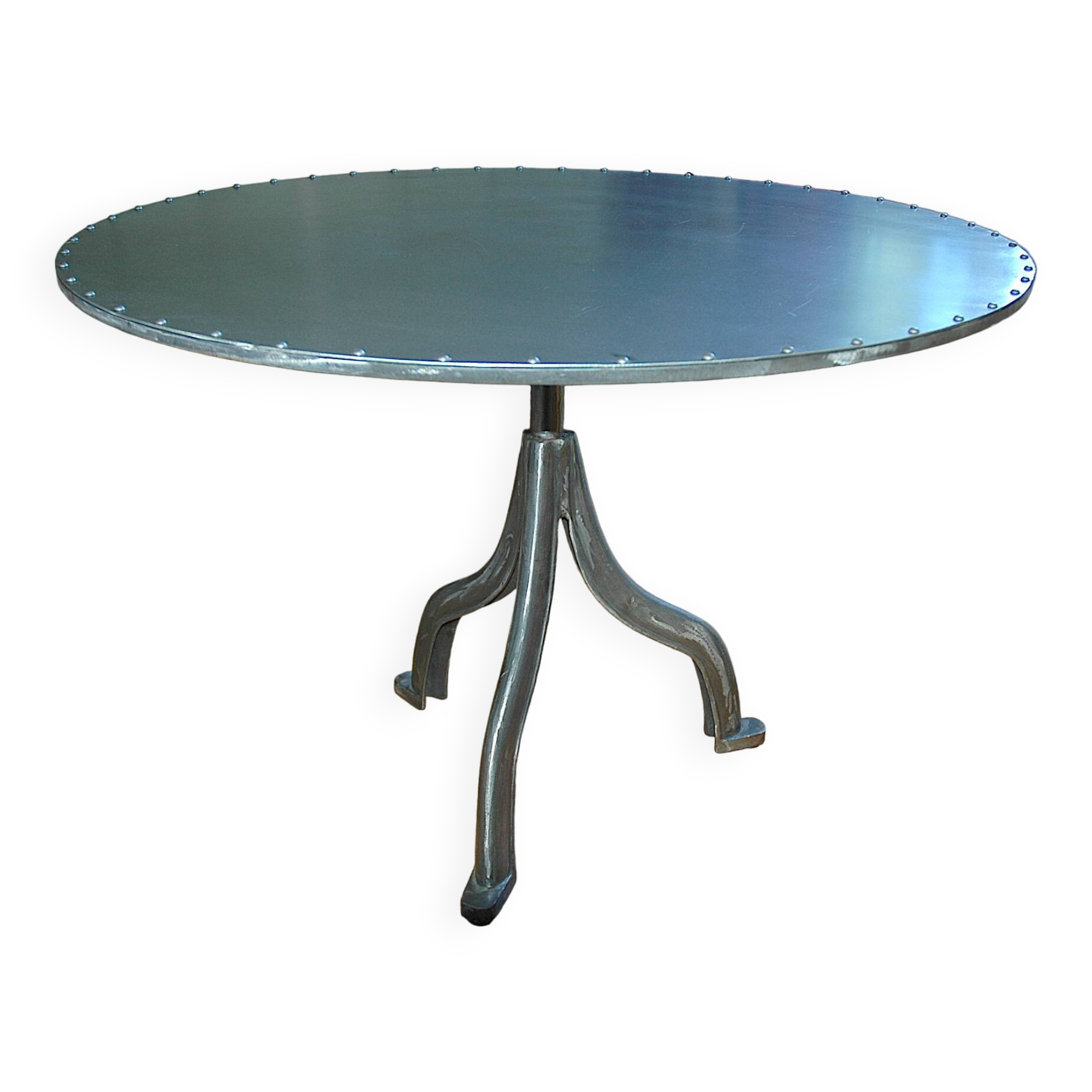 Table d’artiste créateur indépendant, ronde, en acier, style industriel, état neuf