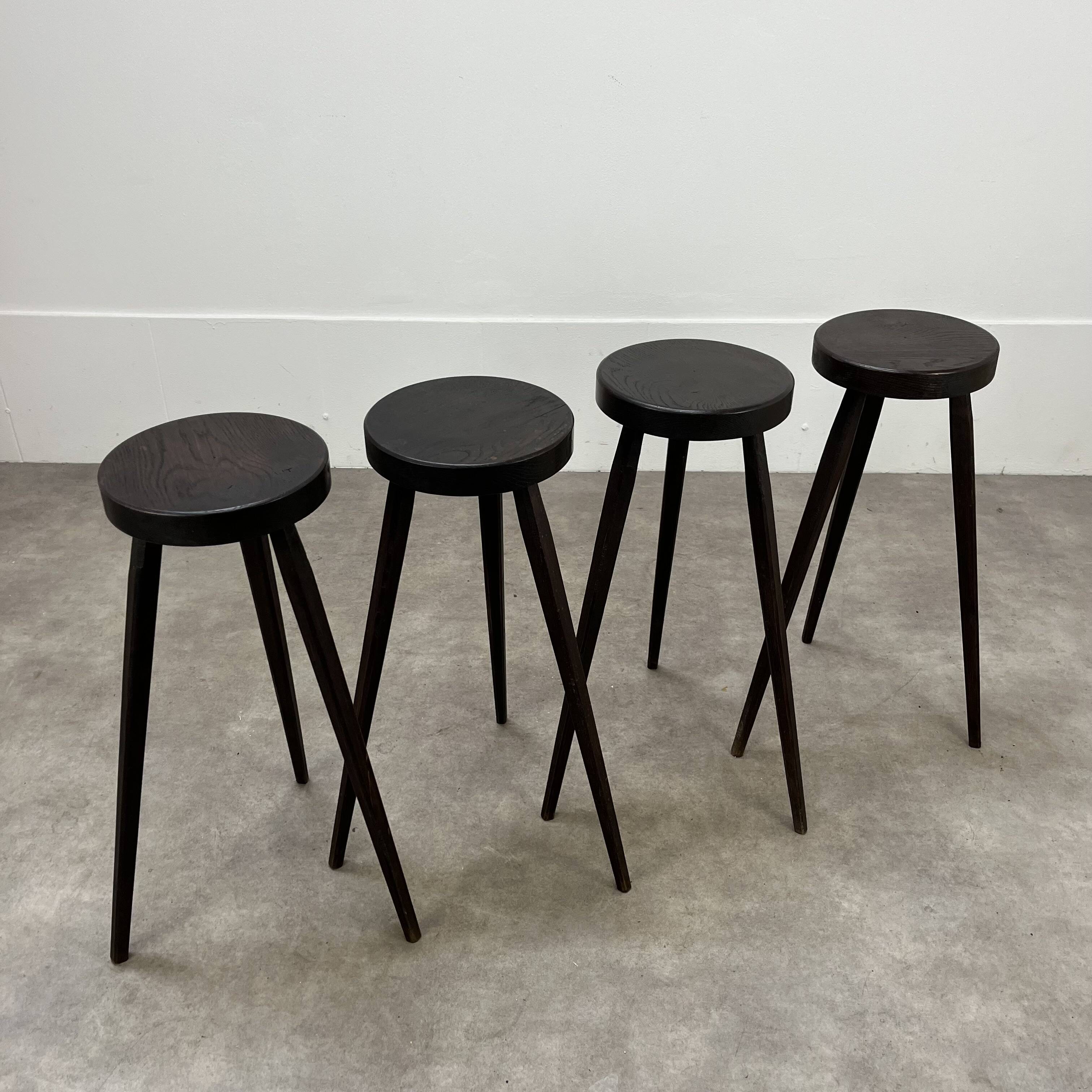 4 brutalist tripod bar stools, solid wood, 1950s