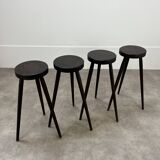 4 brutalist tripod bar stools, solid wood, 1950s
