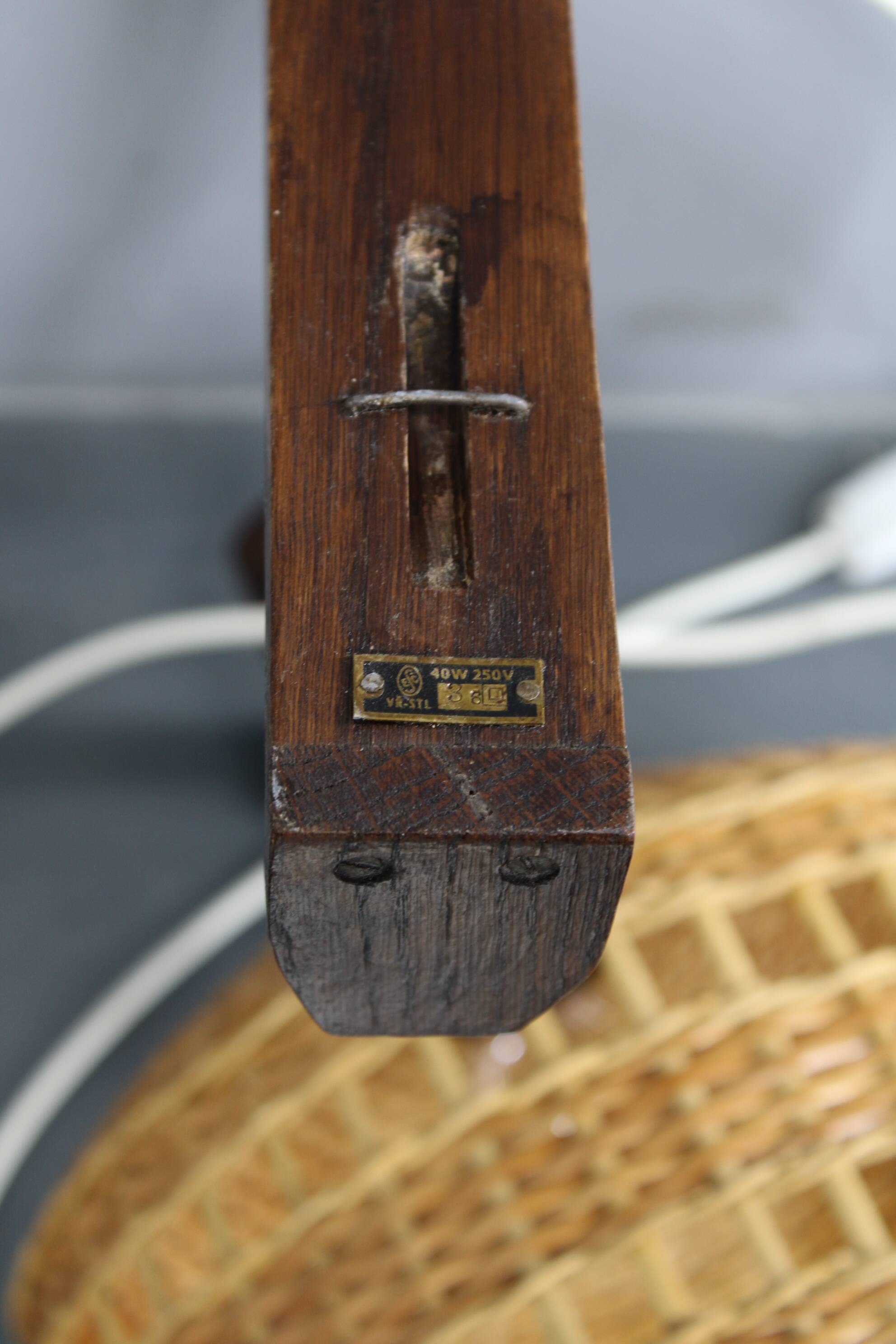 Adjustable mid-century wooden wall lamp with rattan shade, 1970s