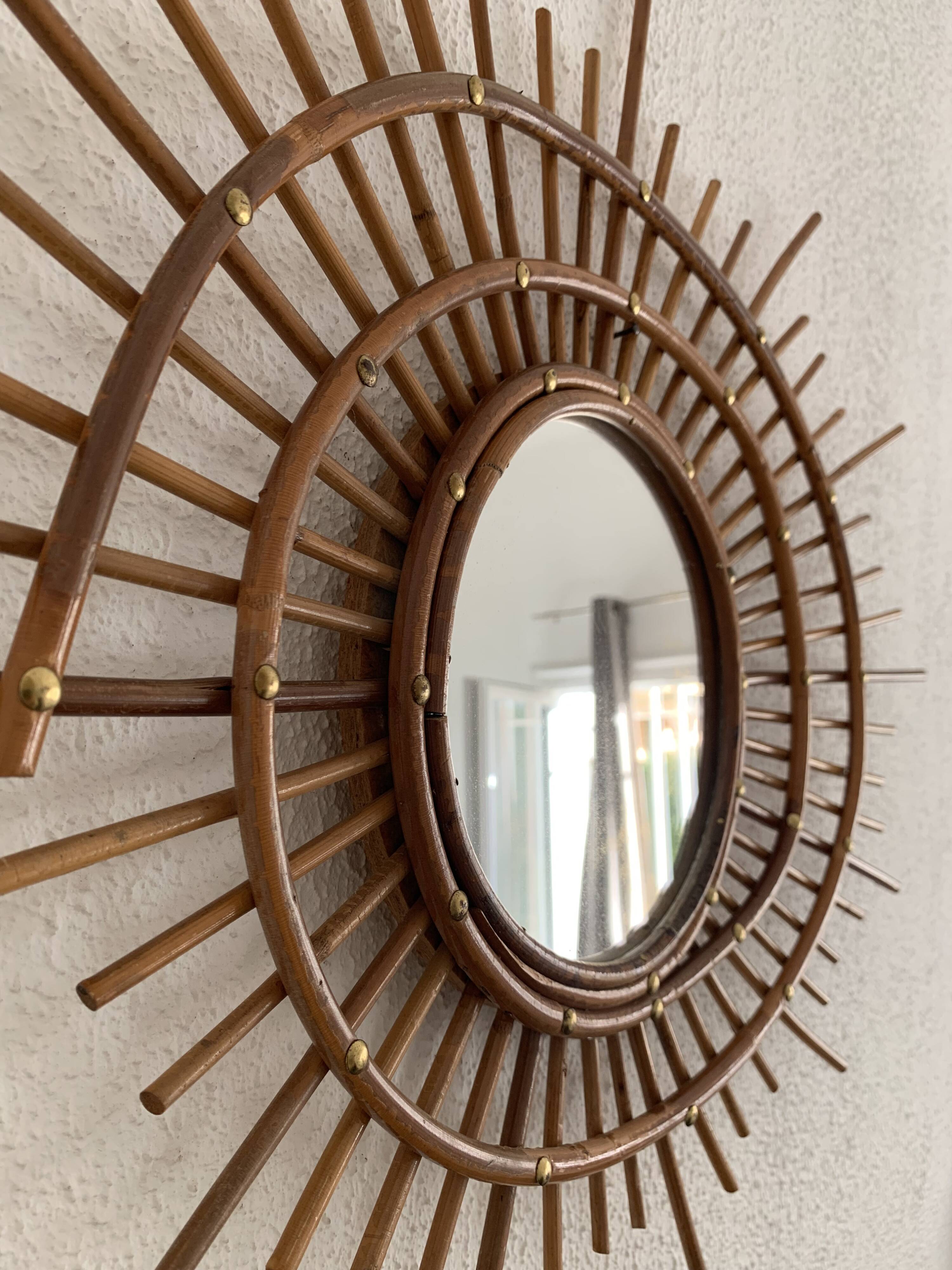 Vintage 1960 sun mirror rattan wicker ortf spiral design - 68 x 52 cm