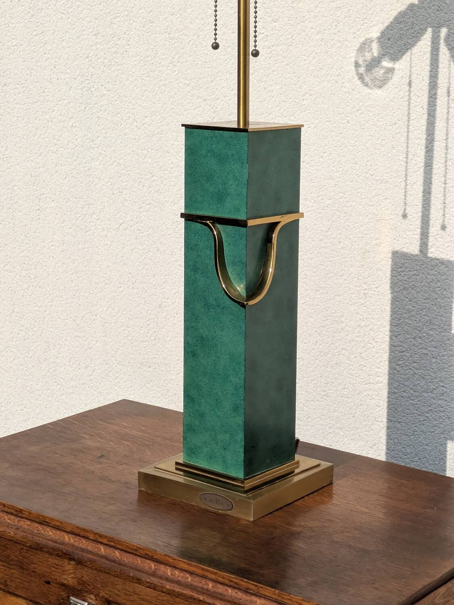 Pied de lampe vintage Jean Roche, 1980, laiton & vert