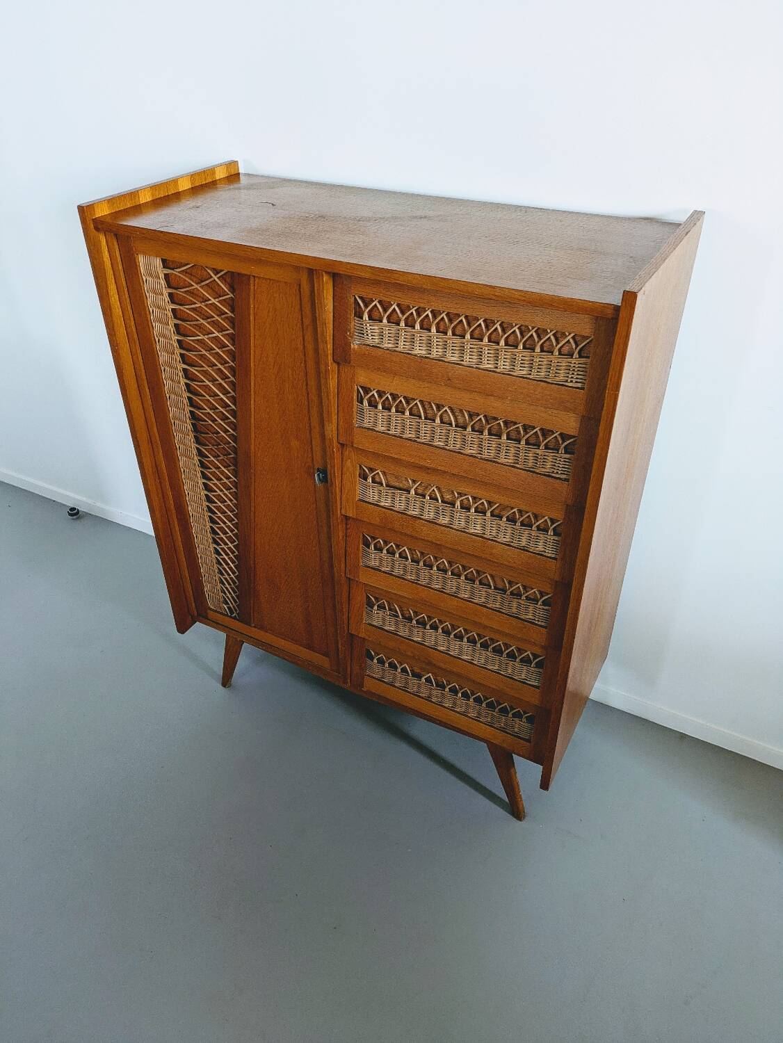 Vintage wooden and wicker chest of drawers
