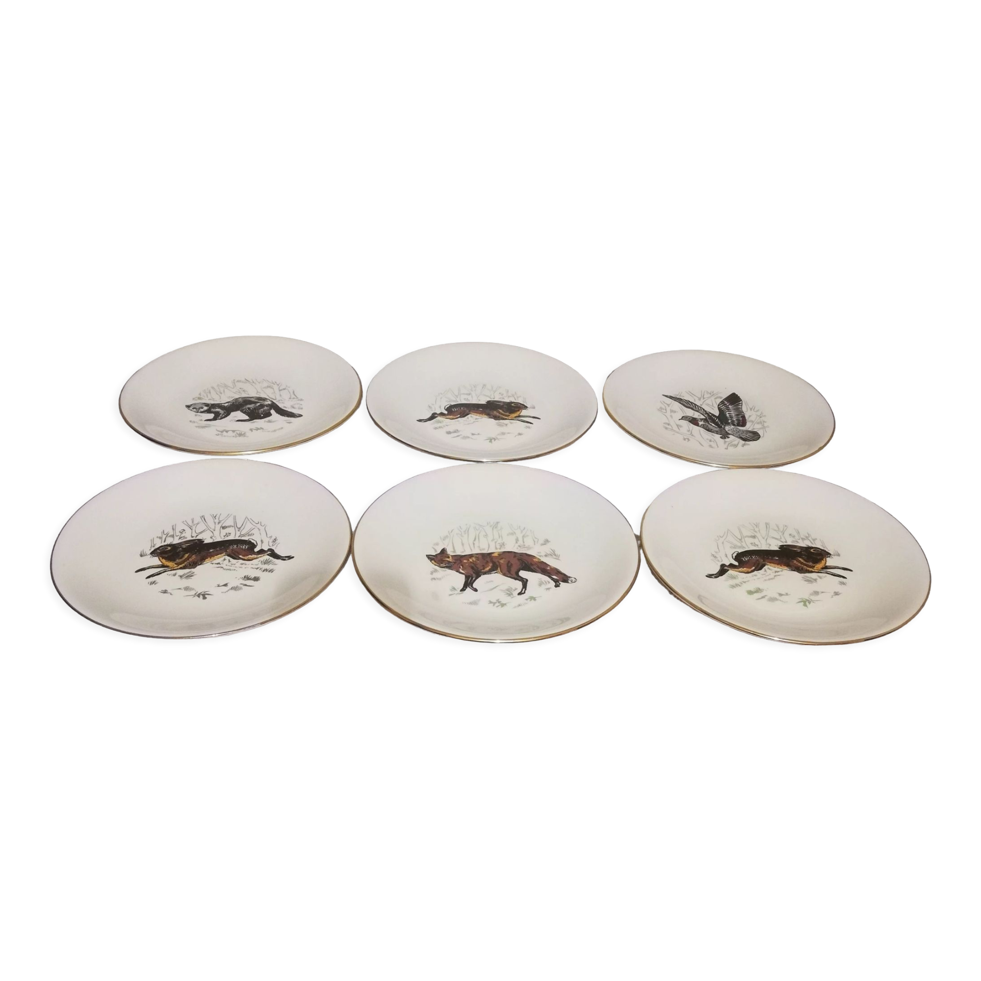 6 assiettes plates Gien Marly "animaux des forêts"