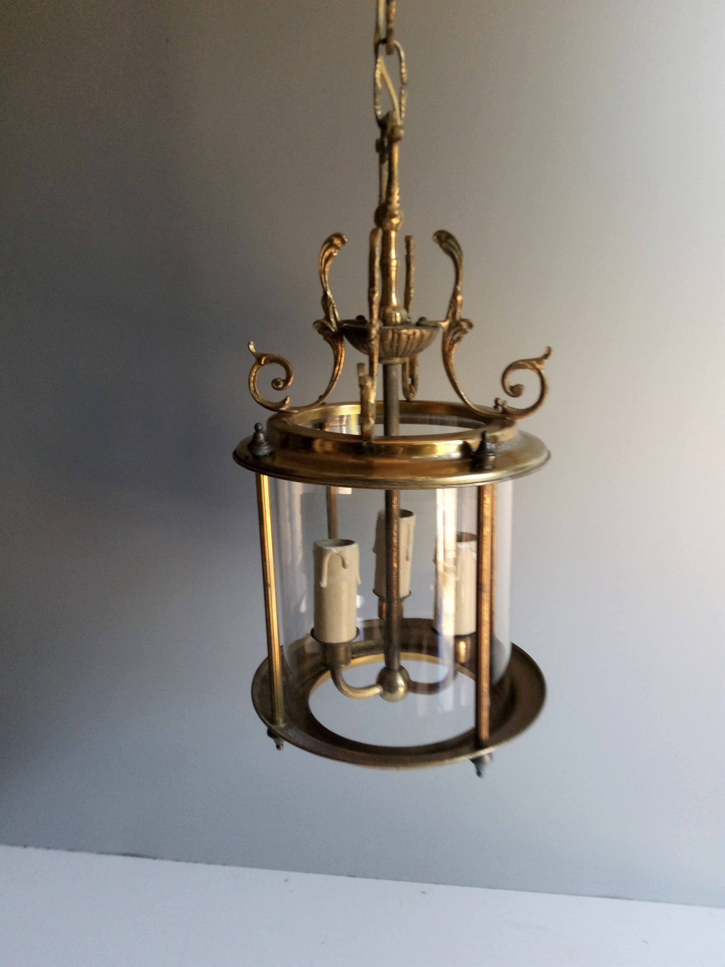 Antique entrance hall lantern - 3 lights - brass & convex glass