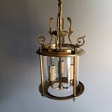 Antique entrance hall lantern - 3 lights - brass & convex glass