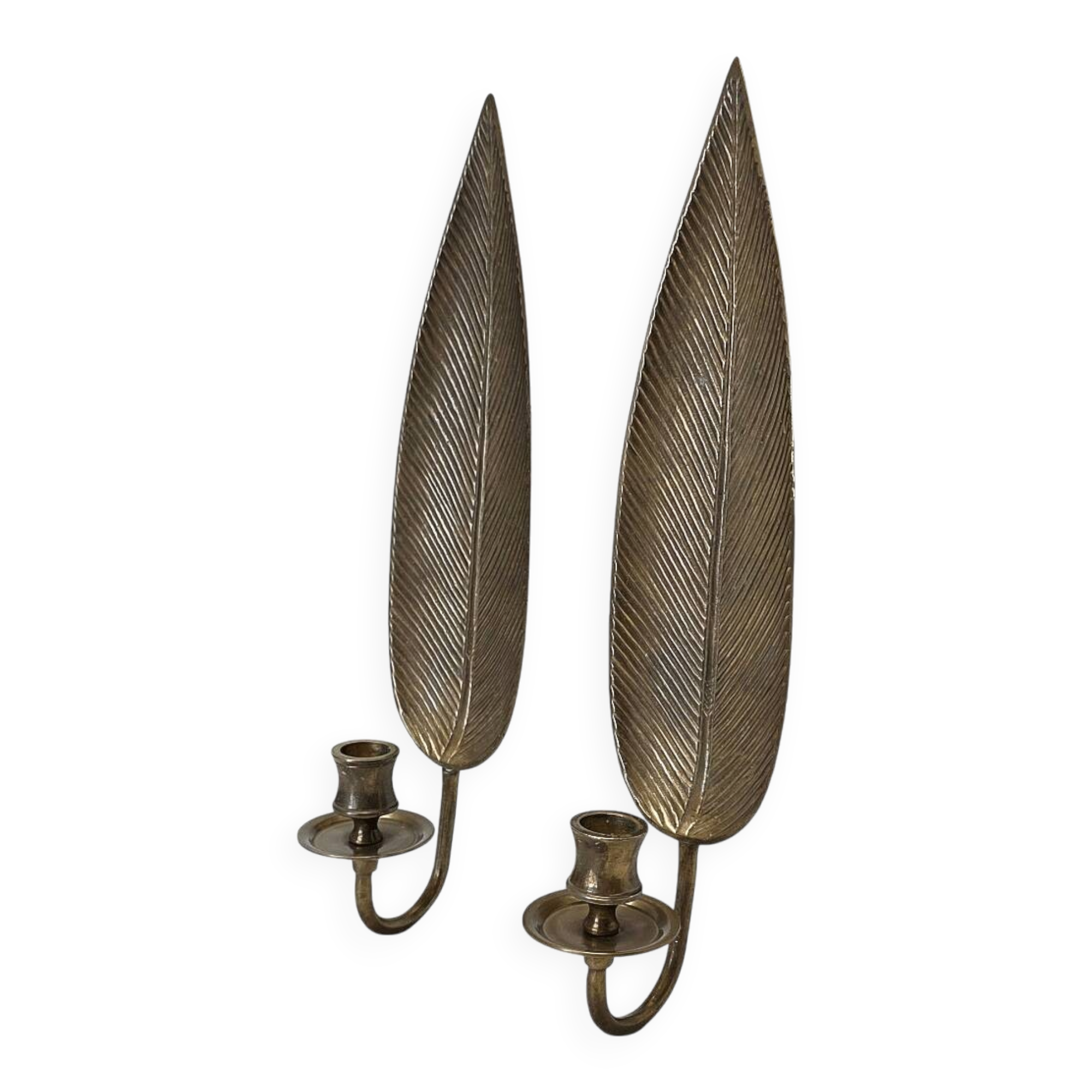 Set of 2 vintage brass wall candle holders leaf shape