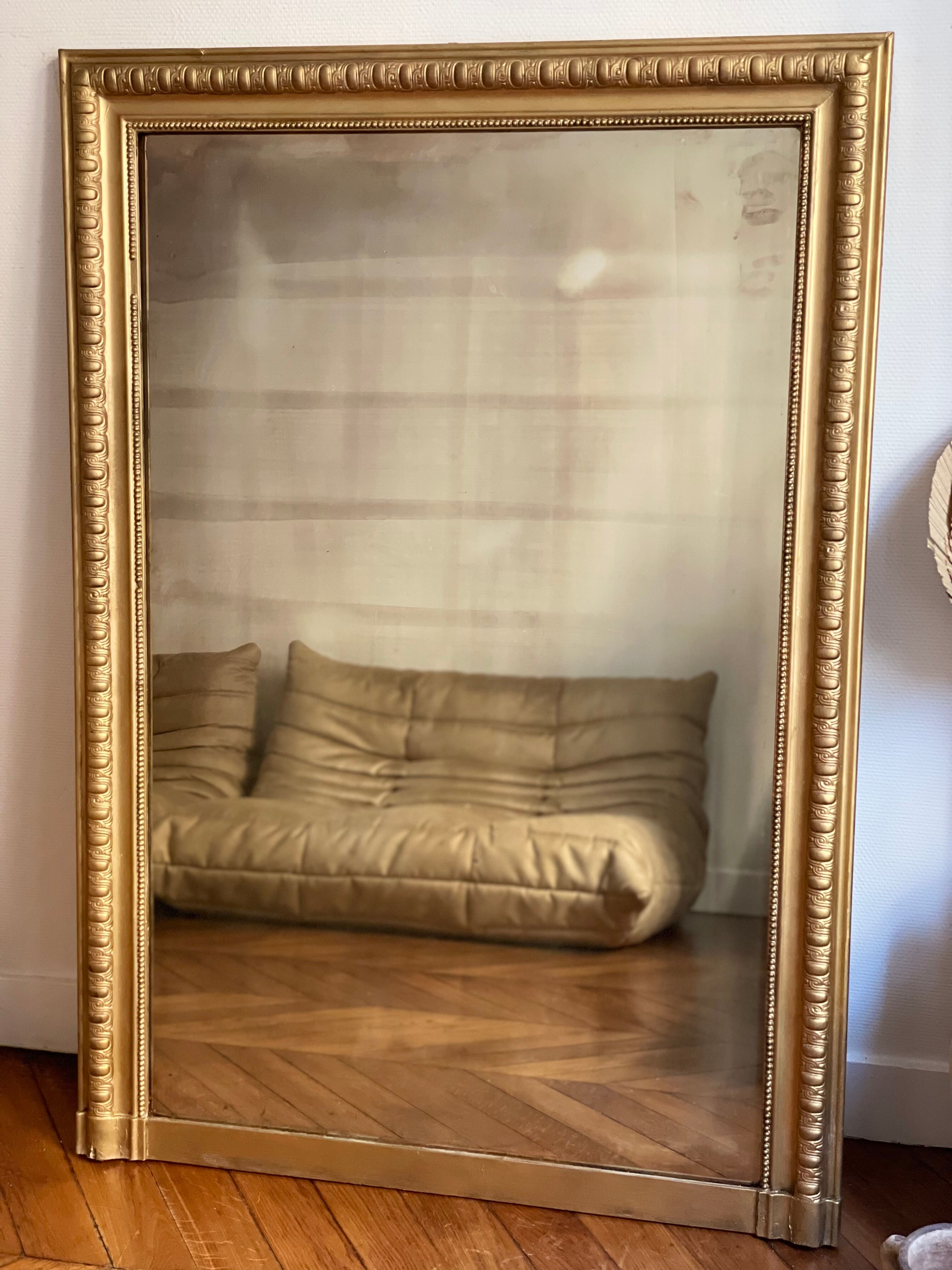 Old gilded mirror louis Philippe rectangular carved godrons