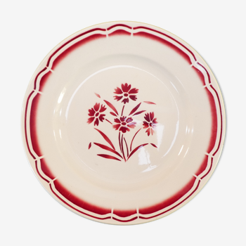 Plat rond en faience de Badonviller fb fenal freres décor fleur rouge