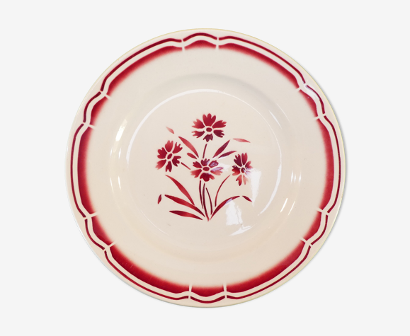Plat rond en faience de Badonviller fb fenal freres décor fleur rouge