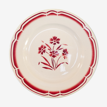 Round dish in faience of Badonviller fb fenal freres decoration fleur rouge