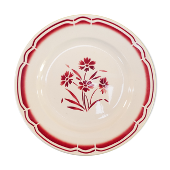 Round dish in faience of Badonviller fb fenal freres decoration fleur rouge