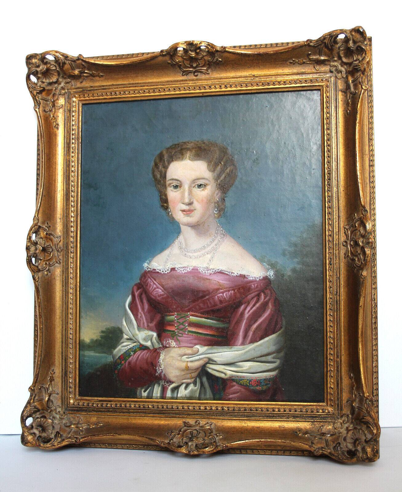 Elegant 19th-Century Portrait of a Lady – Oil on Canvas, Gilded Frame