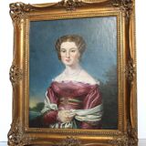 Élégant portrait de dame du XIXe siècle – Huile sur toile, cadre doré