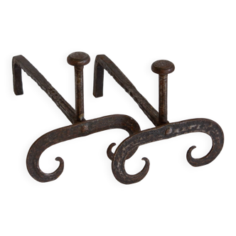 Pair of wrought iron fire dogs, Handmade, Early 20th century