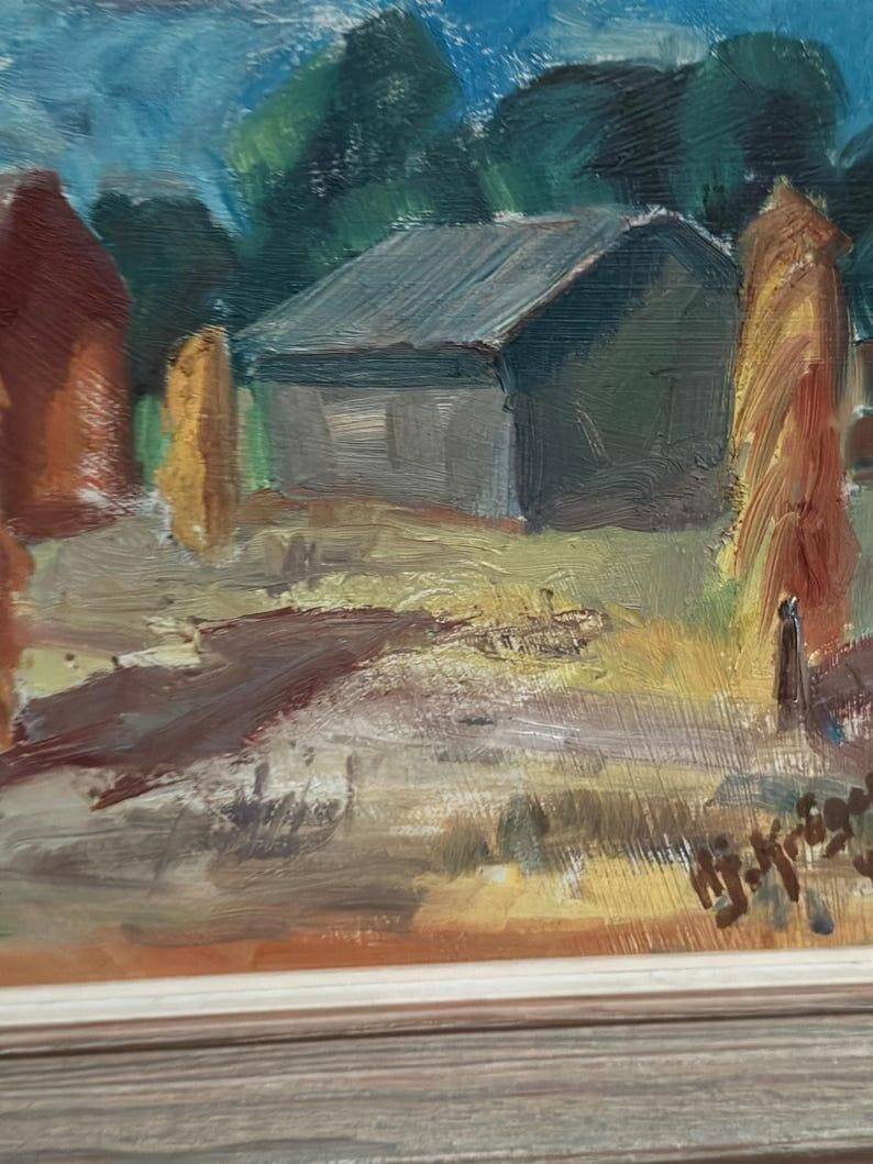 Original Swedish Oil on Panel – “Landscape with Barns” – Vintage & Framed