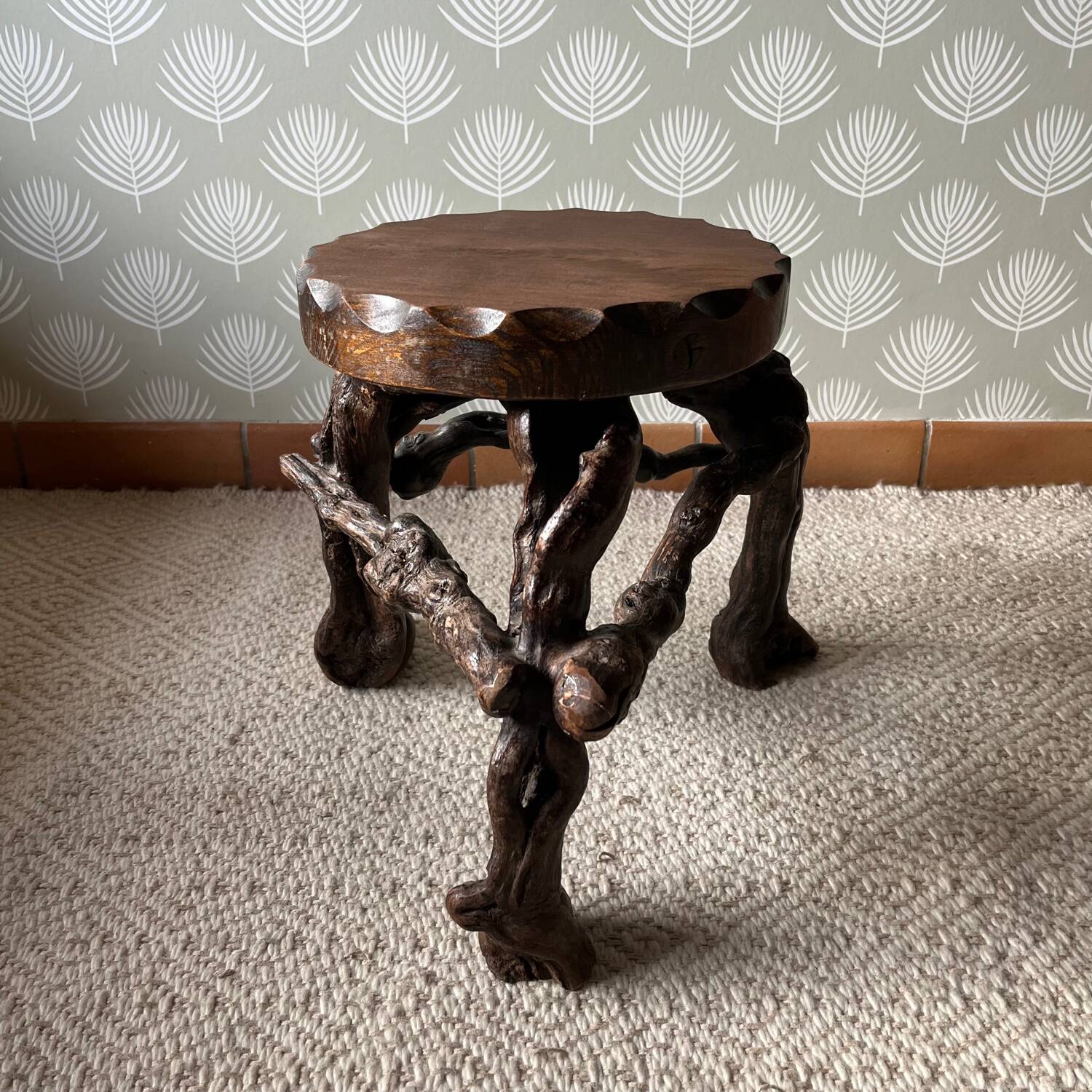 Brutalist tripod stool, vine legs, 1950s
