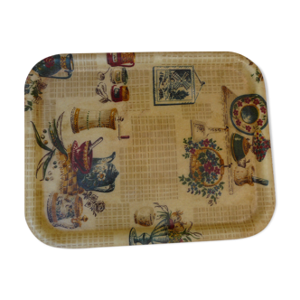 Plateau vintage fibre de verre motif objets cuisine