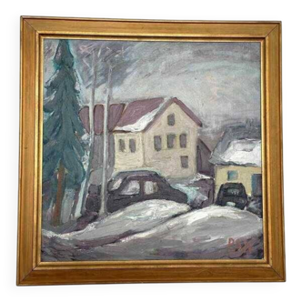Original Swedish oil on canvas – “Winter” by Pan – vintage & framed – 60 × 60 cm (23.6" × 23.6")
