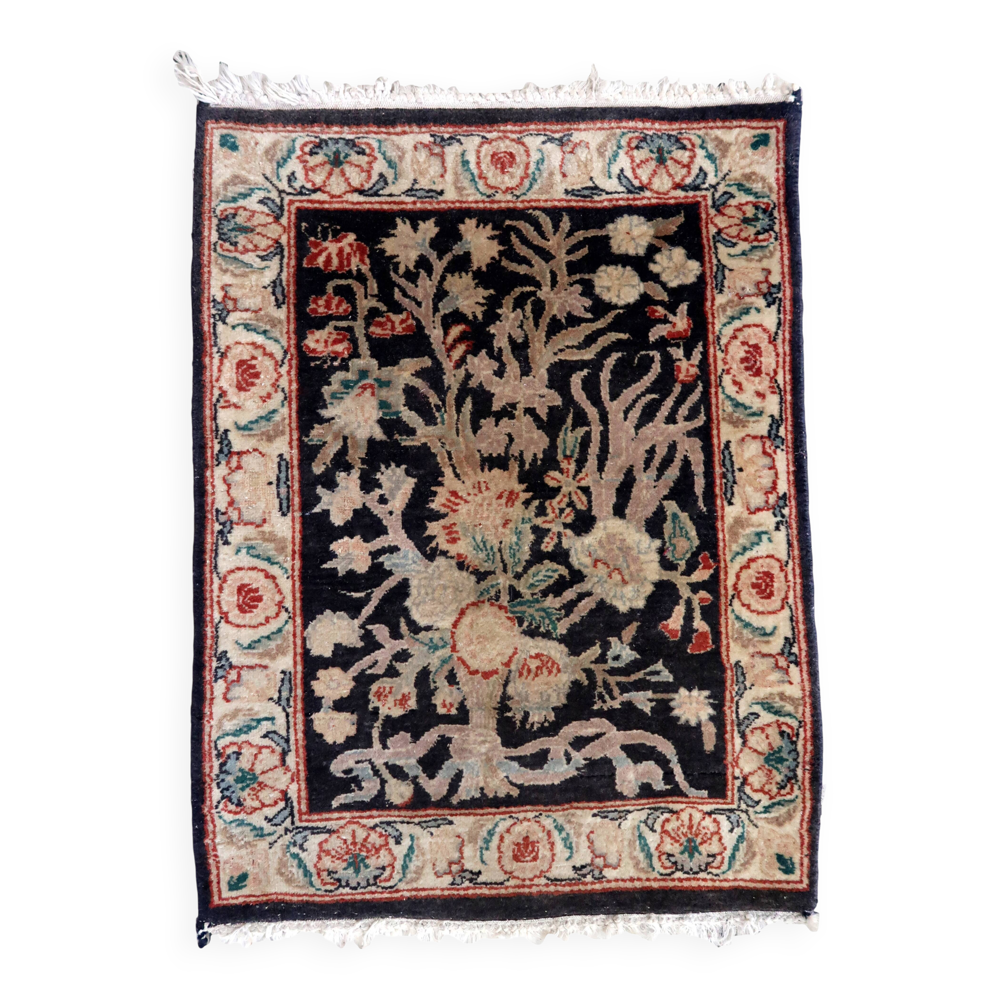 Tapis vintage fait main Tabriz – 48 x 64 cm – Noir & Motif Jardin - 1C971