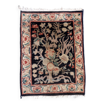 Tapis vintage fait main Tabriz – 48 x 64 cm – Noir & Motif Jardin - 1C971