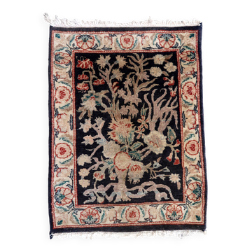 Tapis vintage fait main Tabriz – 48 x 64 cm – Noir & Motif Jardin - 1C971