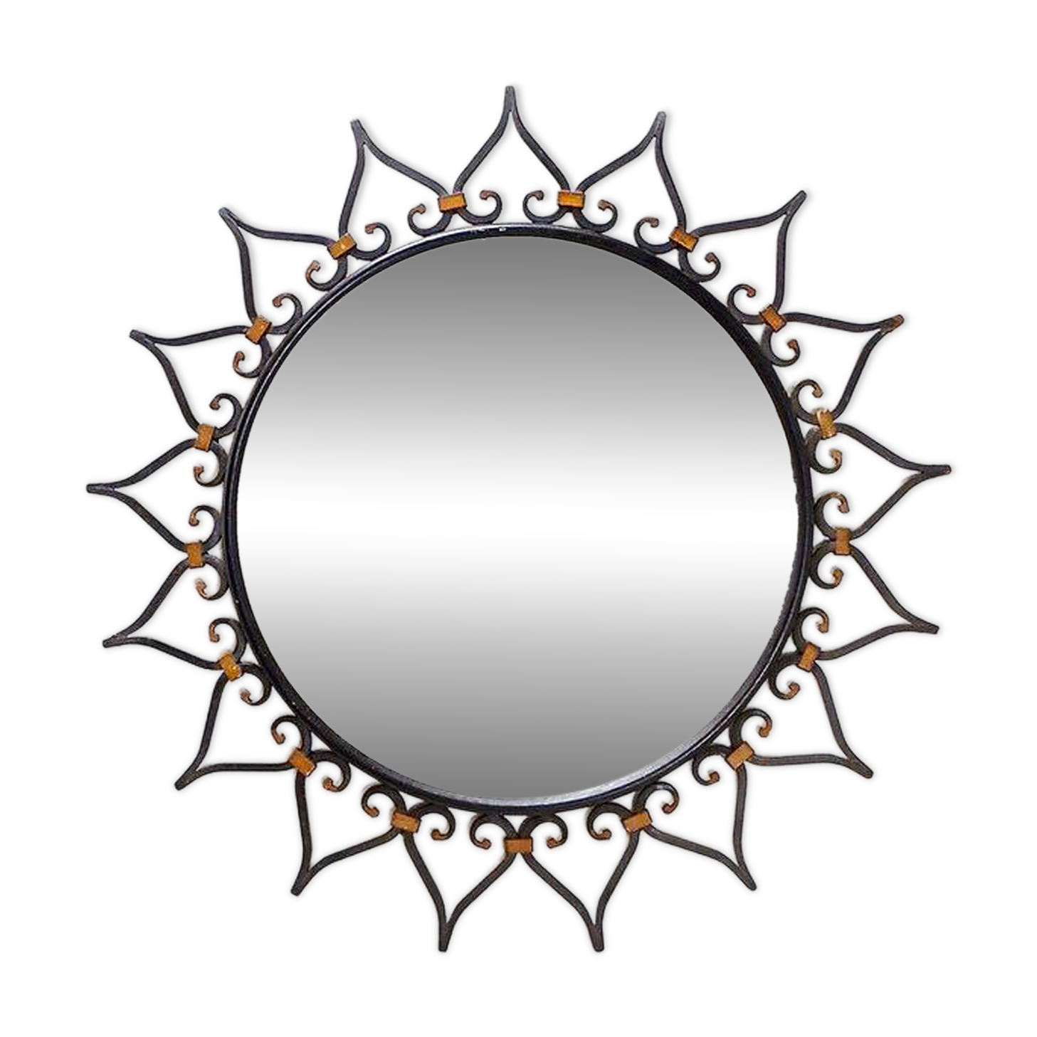 Wall mirror sun in wrought iron with heart pattern - 1960s