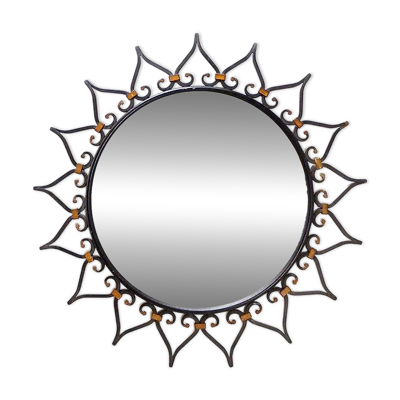 Miroir mural soleil en fer forgé avec motif cœur - 1960s