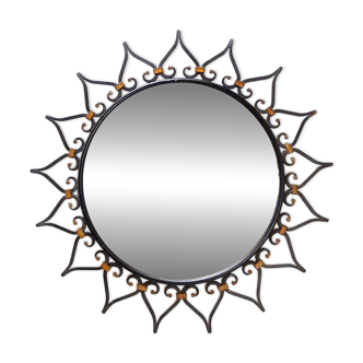 Wall mirror sun in wrought iron with heart pattern - 1960s