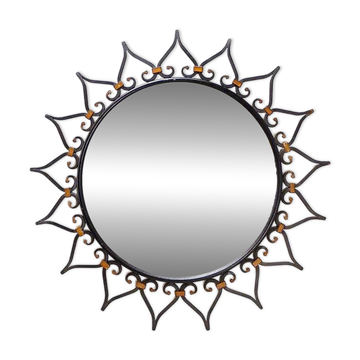 Wall mirror sun in wrought iron with heart pattern - 1960s
