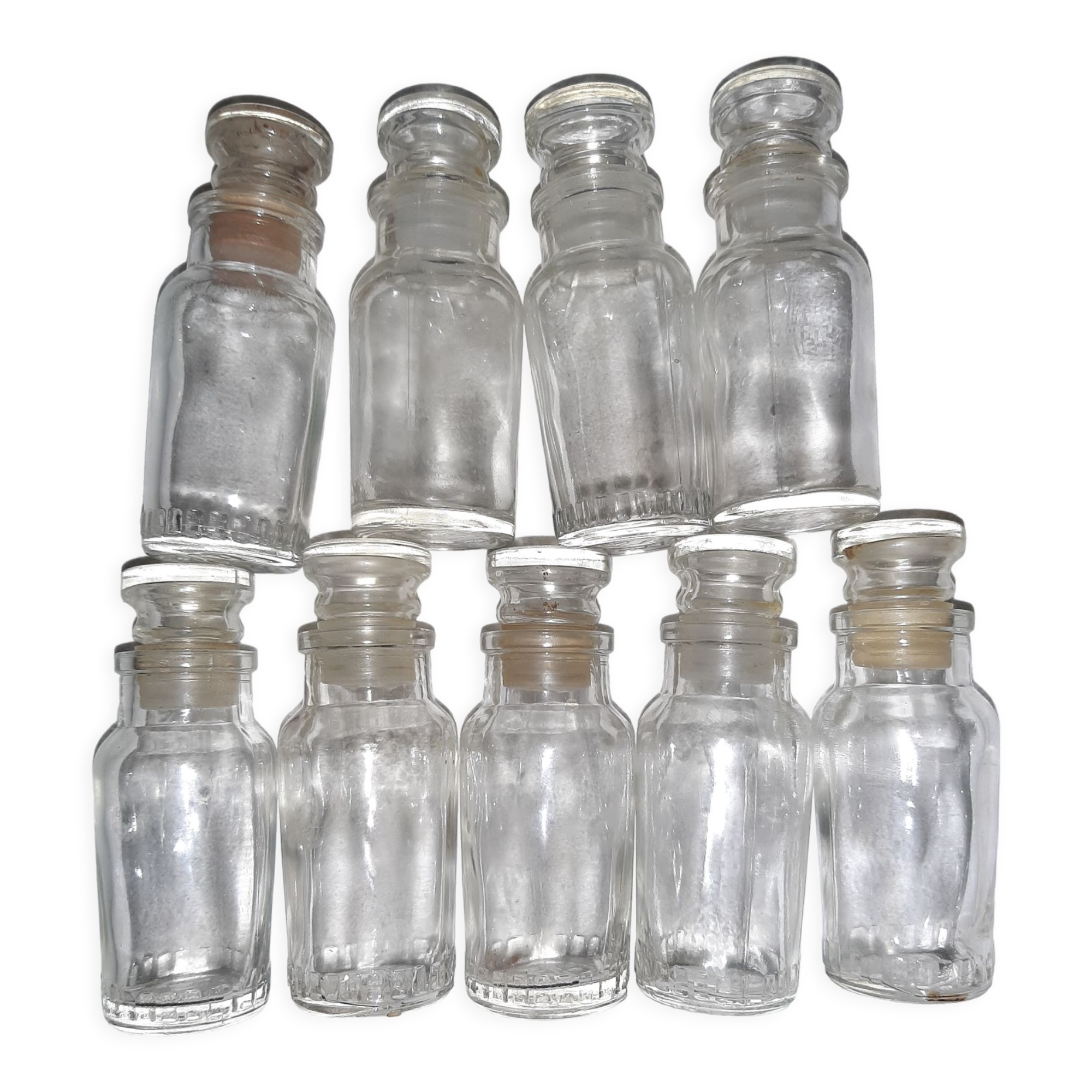 9 vintage thick glass spice bottles