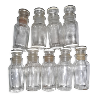 9 vintage thick glass spice bottles
